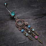 Detail View 2 of Beautiful Vintage Style Dream Catcher Belly Ring-Teal