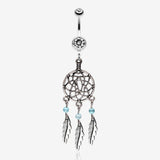 Classic Pewter Dream Catcher Belly Ring-Clear Gem