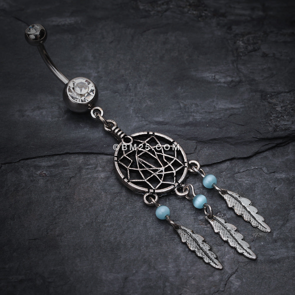 Detail View 2 of Classic Pewter Dream Catcher Belly Ring-Clear Gem