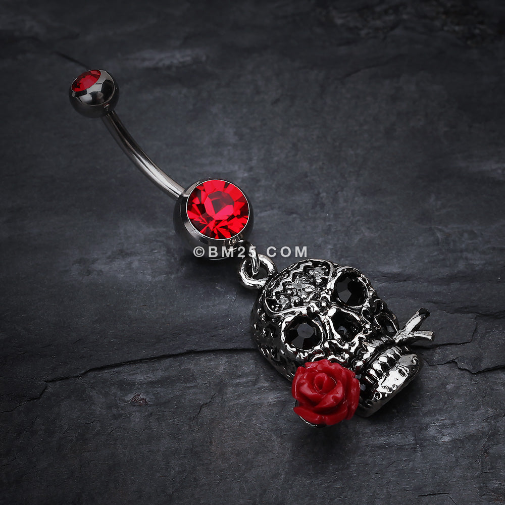 Detail View 2 of Skull Rose Beauty Belly Ring-Red