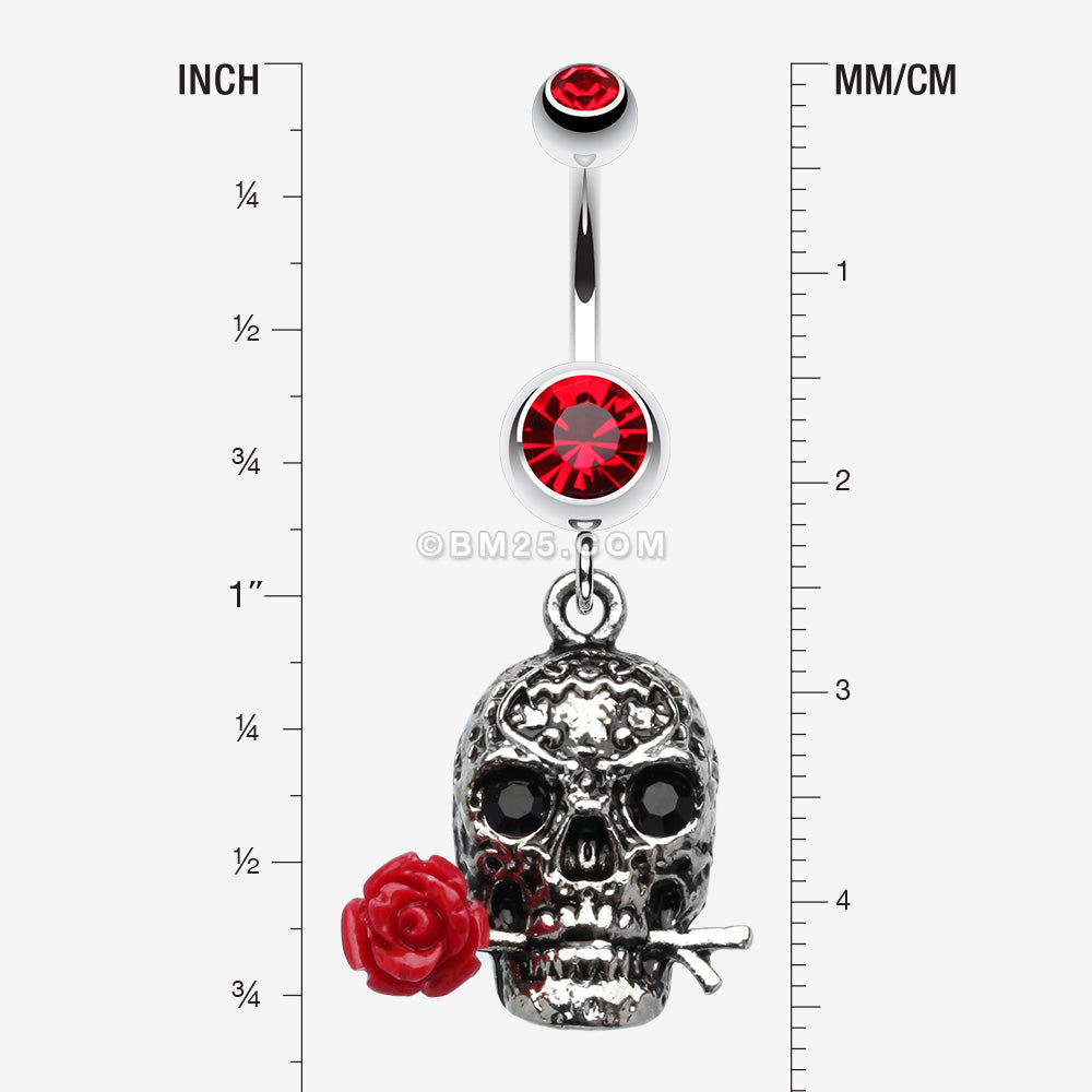 Detail View 1 of Skull Rose Beauty Belly Ring-Red