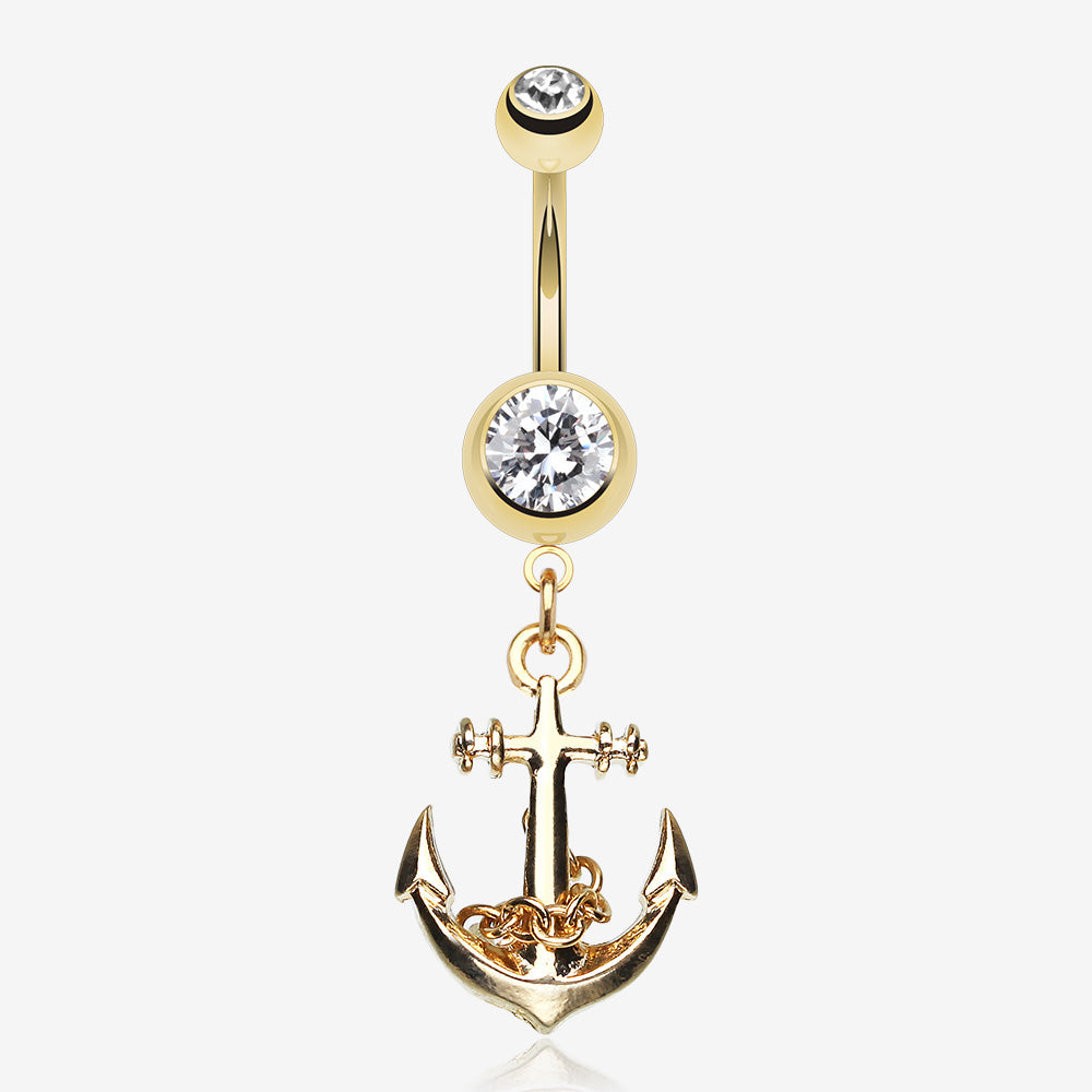 Golden Classic Anchor Belly Ring-Clear Gem