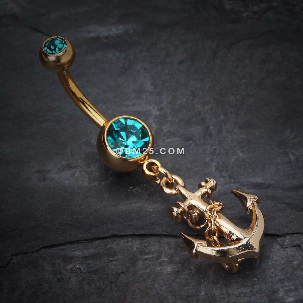 Detail View 2 of Golden Classic Anchor Belly Ring-Teal