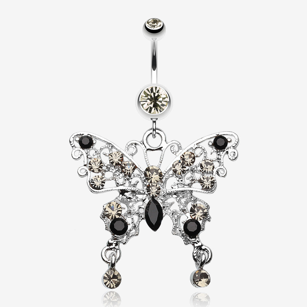 Fancy Gem Butterfly Belly Button Ring-Black Diamond/Black