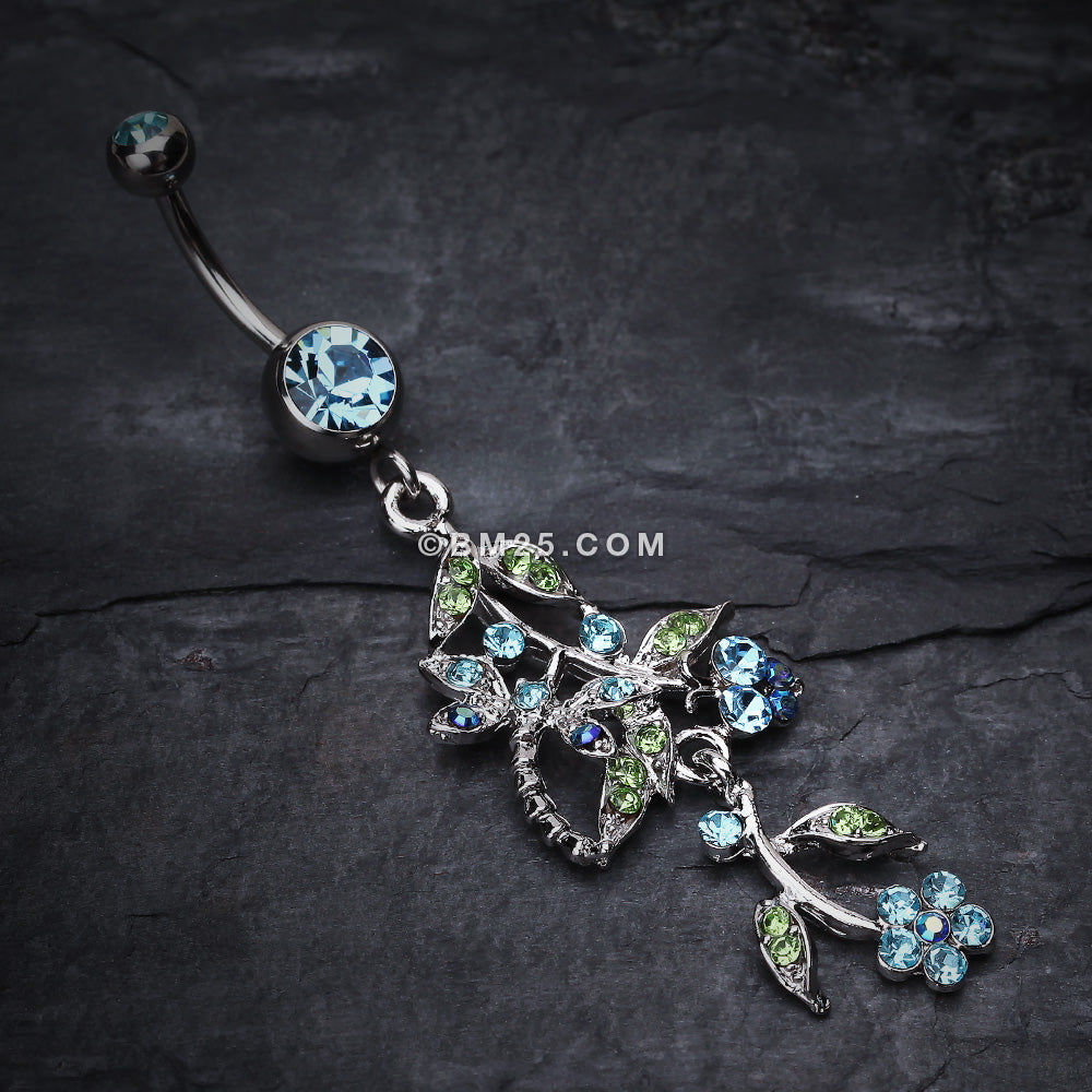 Detail View 2 of Romantic Vines with Flowers Belly Button Rings-Aqua
