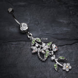 Detail View 2 of Romantic Vines with Flowers Belly Button Rings-Clear Gem