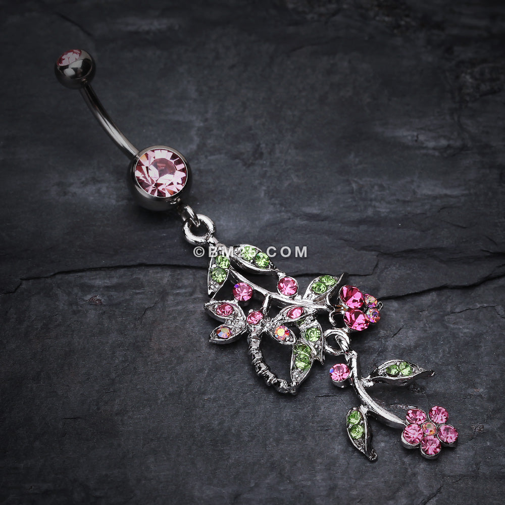Detail View 2 of Romantic Vines with Flowers Belly Button Rings-Light Pink