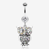 Jeweled Sparkling Owl Dangle Belly Ring-Clear Gem