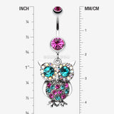 Detail View 1 of Jeweled Sparkling Owl Dangle Belly Ring-Fuchsia