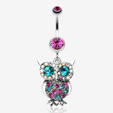 Jeweled Sparkling Owl Dangle Belly Ring-Fuchsia