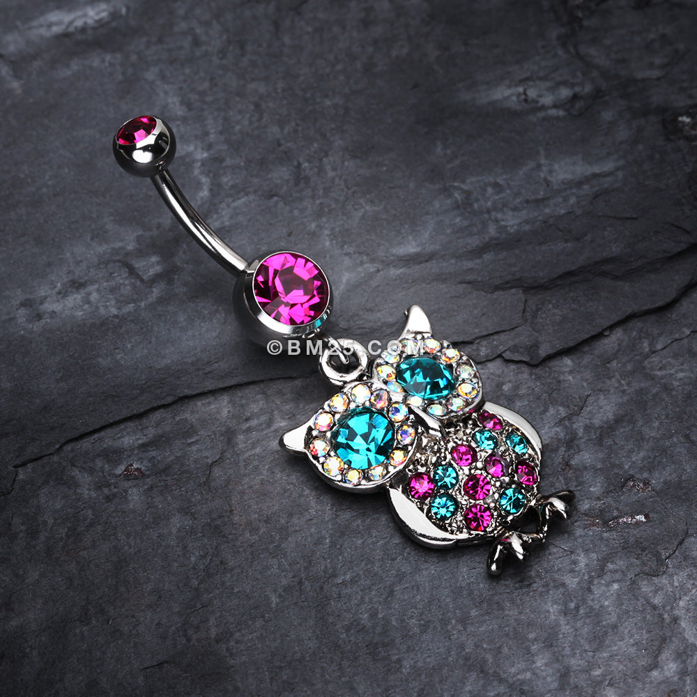 Detail View 2 of Jeweled Sparkling Owl Dangle Belly Ring-Fuchsia