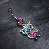 Detail View 2 of Jeweled Sparkling Owl Dangle Belly Ring-Fuchsia