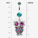 Detail View 1 of Jeweled Sparkling Owl Dangle Belly Ring-Teal