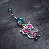 Detail View 2 of Jeweled Sparkling Owl Dangle Belly Ring-Teal