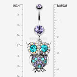 Detail View 1 of Jeweled Sparkling Owl Dangle Belly Ring-Tanzanite