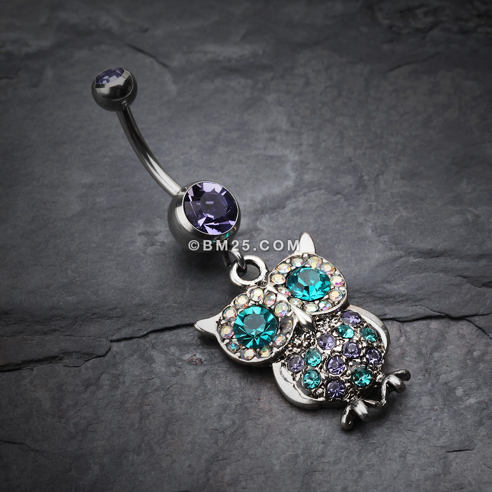 Detail View 2 of Jeweled Sparkling Owl Dangle Belly Ring-Tanzanite