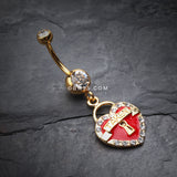 Detail View 2 of Golden Heart Lock Sparkle Belly Ring-Clear Gem/Red