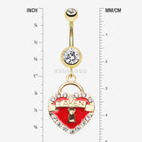 Detail View 1 of Golden Heart Lock Sparkle Belly Ring-Clear Gem/Red