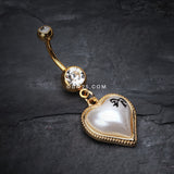 Detail View 2 of Golden Puffed Pearl Heart Ribbon Belly Ring-Clear Gem