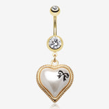 Golden Puffed Pearl Heart Ribbon Belly Ring-Clear Gem