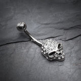 Detail View 2 of Death Skull Mask Belly Button Ring-Clear Gem