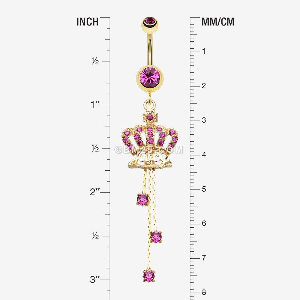 Detail View 1 of Golden Juicy Crown Sparkle Belly Ring-Fuchsia