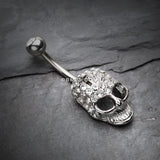 Detail View 2 of Cross Gem Paved Hardcore Skull Belly Button Ring-Clear Gem