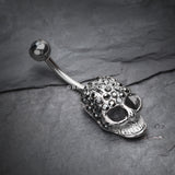 Detail View 2 of Cross Gem Paved Hardcore Skull Belly Button Ring-Hematite