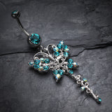 Detail View 2 of Opulent Butterfly Multi-Gem Belly Button Ring-Teal/Aurora Borealis