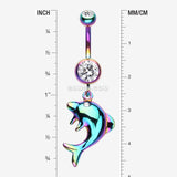Detail View 1 of Rainbow Dolphin Jump Belly Button Ring-Clear Gem