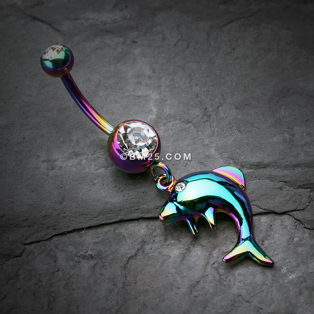 Detail View 2 of Rainbow Dolphin Jump Belly Button Ring-Clear Gem