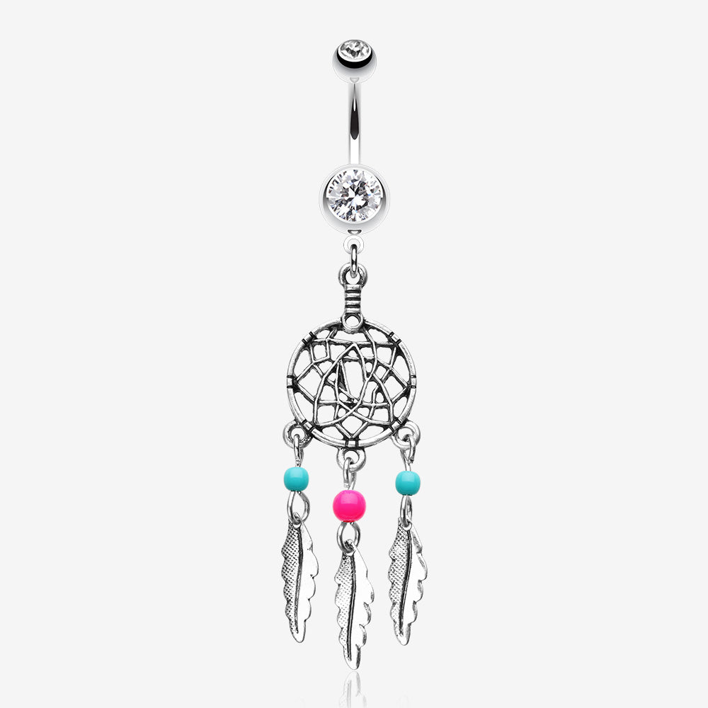 Classic Beaded Dreamcatcher Belly Button Ring-Clear Gem/Pink