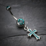 Detail View 2 of Cross Sparkle Dangle Belly Button Ring-Teal