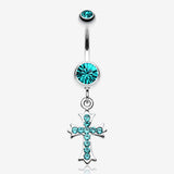 Cross Sparkle Dangle Belly Button Ring-Teal