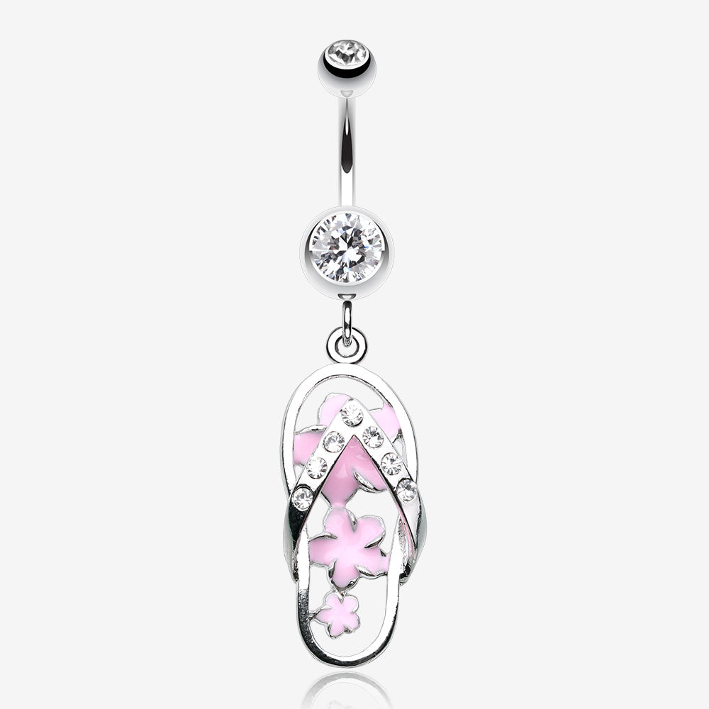 Summer Flower Sandal Belly Button Ring-Clear Gem/Pink