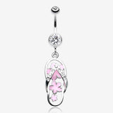 Summer Flower Sandal Belly Button Ring-Clear Gem/Pink