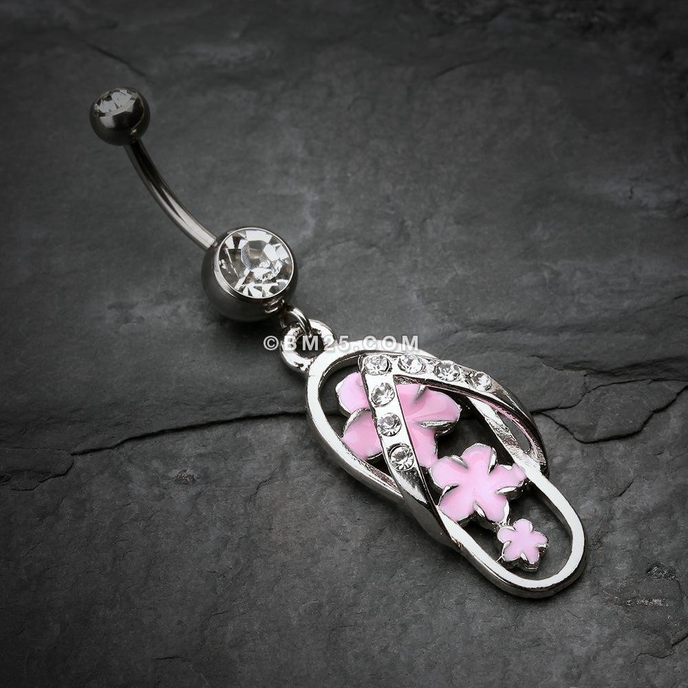 Detail View 2 of Summer Flower Sandal Belly Button Ring-Clear Gem/Pink