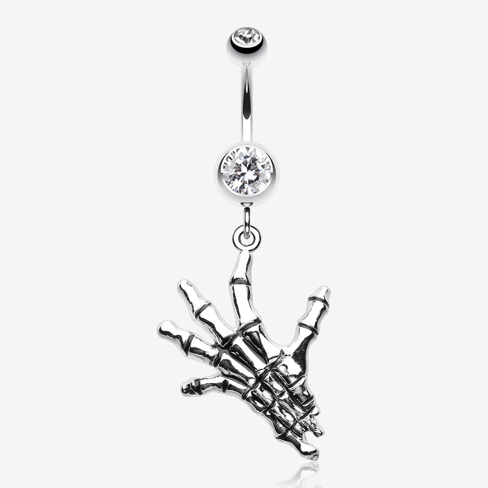 Hand of Death Skeleton Belly Button Ring-Clear Gem