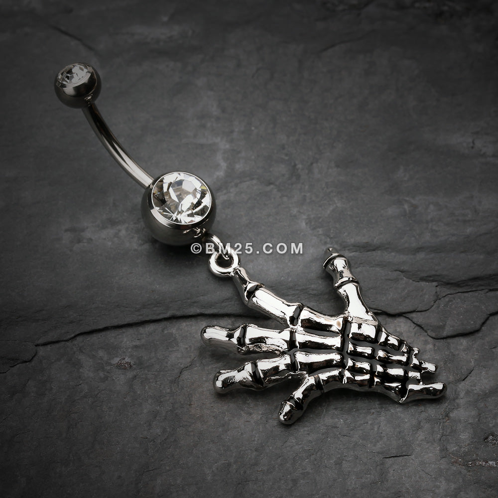 Detail View 2 of Hand of Death Skeleton Belly Button Ring-Clear Gem