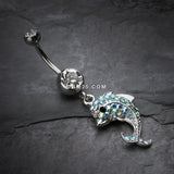 Detail View 2 of Sweet Sparkle Dolphin Belly Button Ring-Clear Gem/Aqua/Aurora Borealis