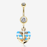 Golden Anchor Nautical Heart Belly Button Ring-Clear Gem/Blue