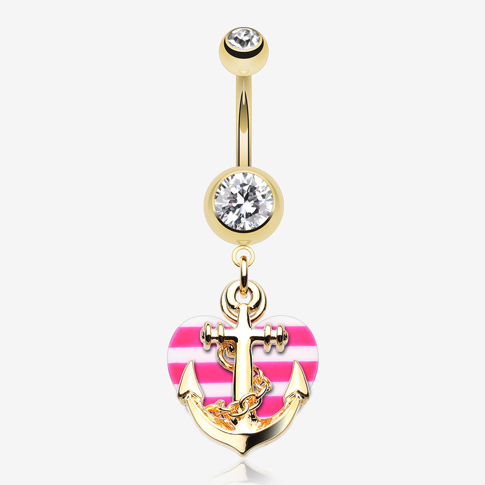 Golden Anchor Nautical Heart Belly Button Ring-Clear Gem/Pink