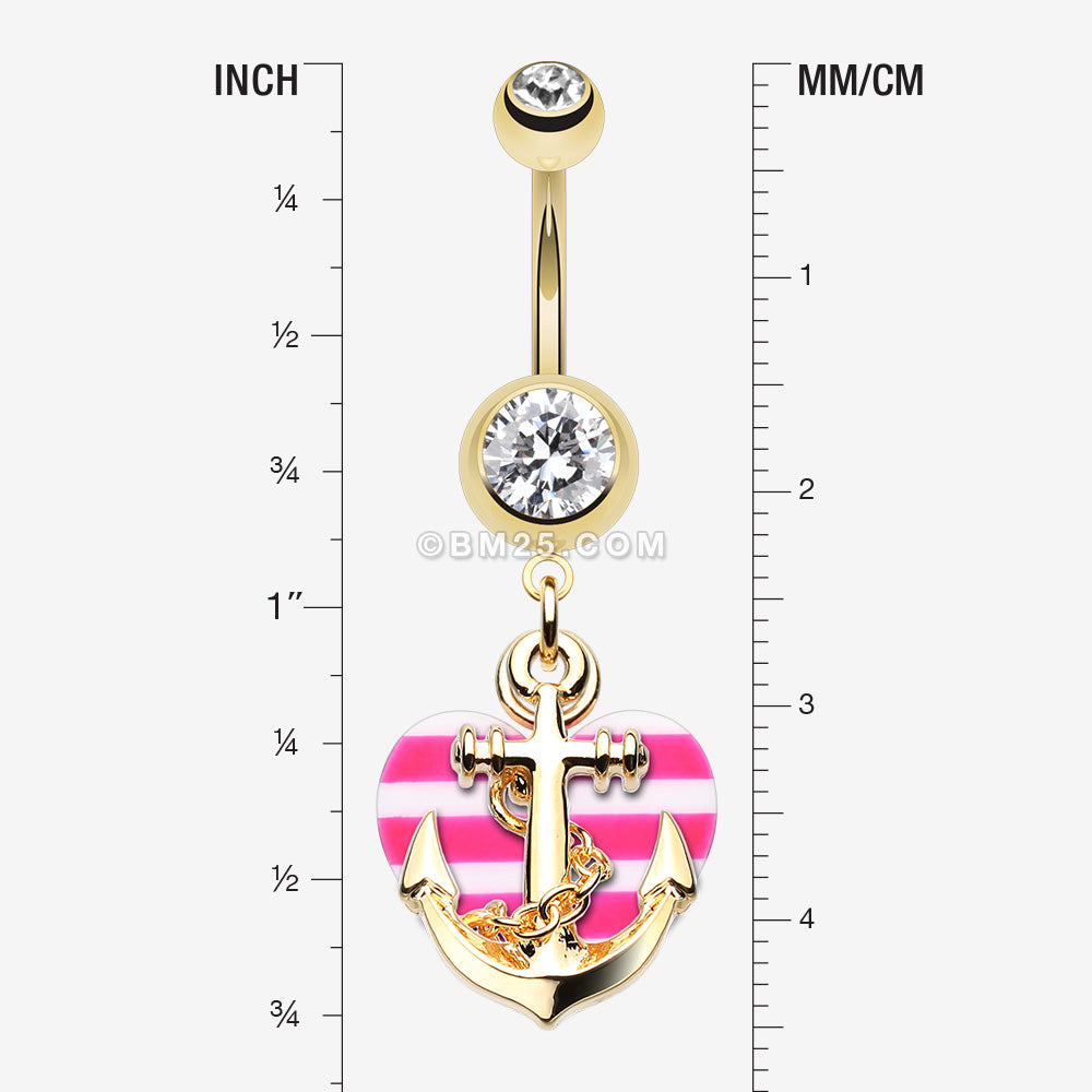 Detail View 1 of Golden Anchor Nautical Heart Belly Button Ring-Clear Gem/Pink
