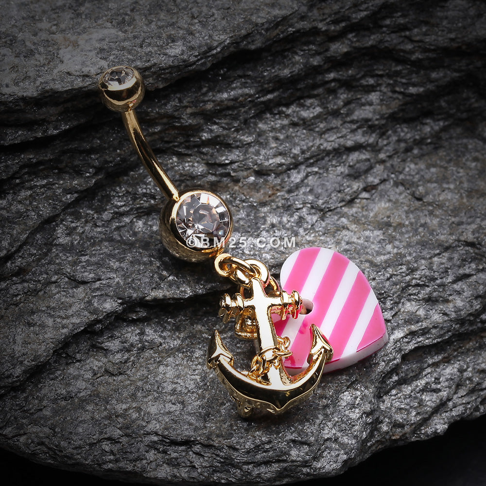 Detail View 2 of Golden Anchor Nautical Heart Belly Button Ring-Clear Gem/Pink