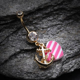 Detail View 2 of Golden Anchor Nautical Heart Belly Button Ring-Clear Gem/Pink