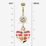 Detail View 1 of Golden Anchor Nautical Heart Belly Button Ring-Clear Gem/Red