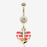 Golden Anchor Nautical Heart Belly Button Ring-Clear Gem/Red