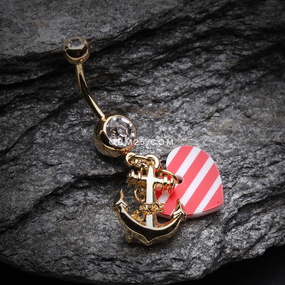 Detail View 2 of Golden Anchor Nautical Heart Belly Button Ring-Clear Gem/Red