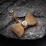 Detail View 2 of Golden Adorable Mesh Bow-Tie Belly Ring-Clear Gem
