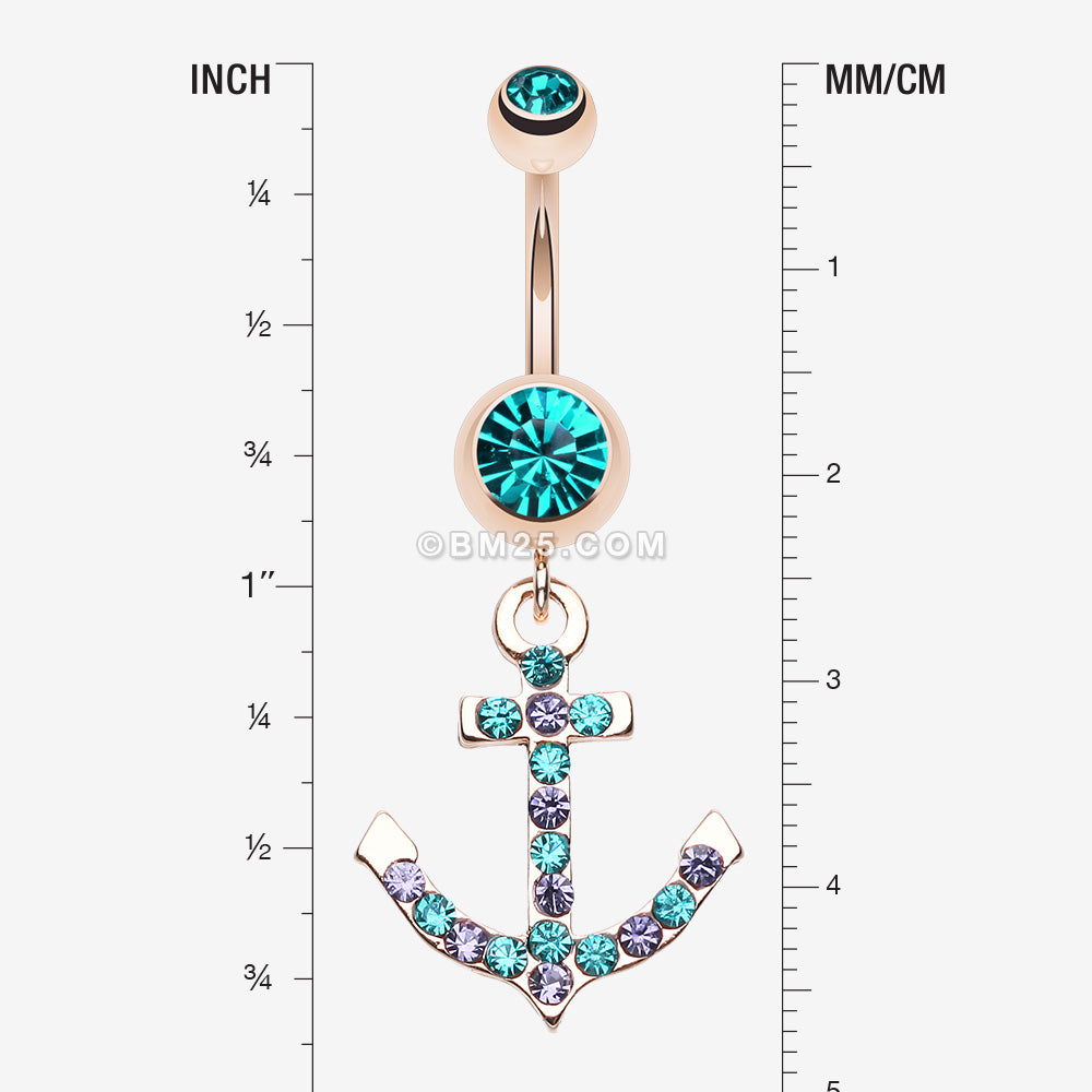 Detail View 1 of Rose Gold Anchor Gem Sparkle Belly Button Ring-Teal/Tanzanite